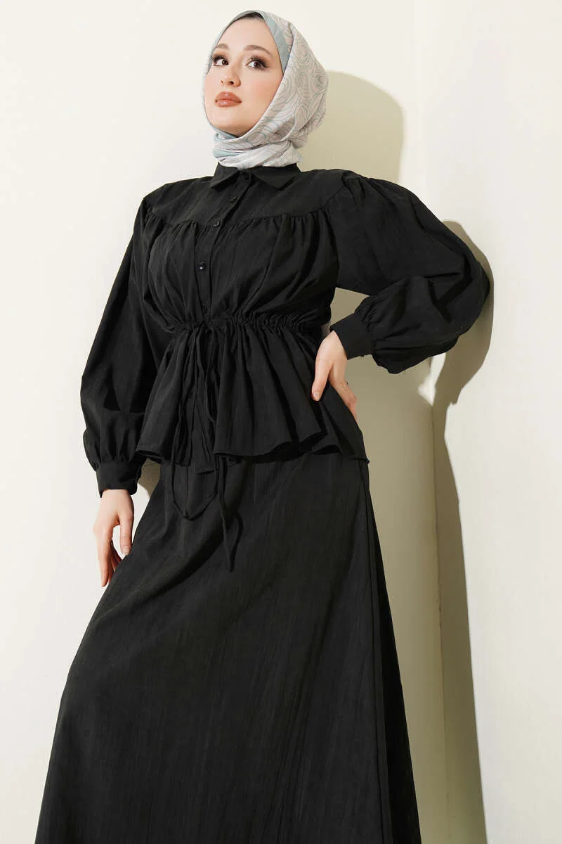 Belted Pleated Tencel Skirt Set Black بالجملة clothing set view 2 - Hicabistan مصنع تركيا