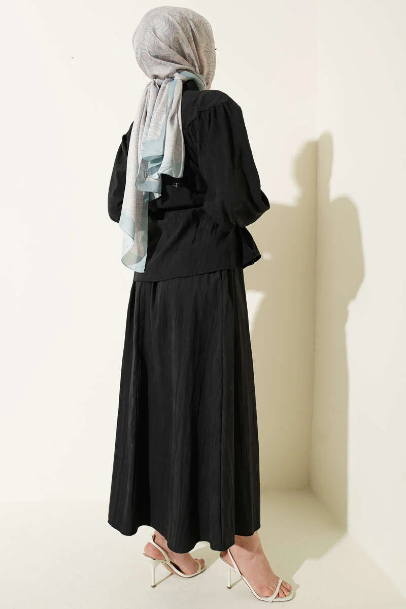 Belted Pleated Tencel Skirt Set Black بالجملة clothing set view 3 - Hicabistan مصنع تركيا