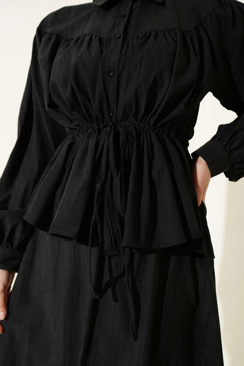 Belted Pleated Tencel Skirt Set Black بالجملة clothing set view 4 - Hicabistan مصنع تركيا