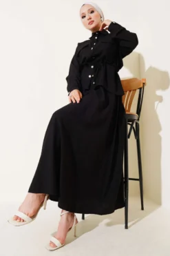 Belted Tunic and Skirt Set Black