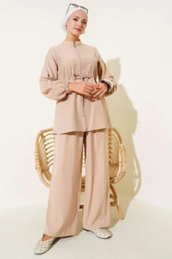Belted Tunic with Pocket Trousers Set بالجملة clothing set view 2 - Hicabistan مصنع تركيا