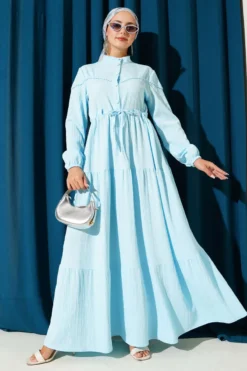Belted Buttoned Tree Bark Dress Baby Blue