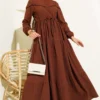Belted Buttoned Tree Bark Dress Brown groothandel dress - Hicabistan Turkije fabriek