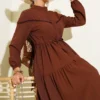 Belted Buttoned Tree Bark Dress Brown wholesale dress view 2 - Hicabistan Turkey factory
