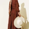 Belted Buttoned Tree Bark Dress Brown wholesale dress view 3 - Hicabistan Turkey factory