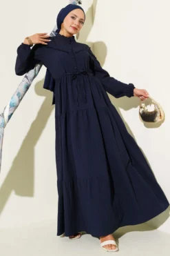 Belted Buttoned Tree Bark Dress Navy Blue