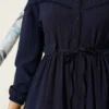 Belted Buttoned Tree Bark Dress Navy Blue wholesale dress view 4 - Hicabistan Turkey factory