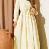 Belted Buttoned Tree Bark Dress Yellow al por mayor dress - Hicabistan fábrica Turquía