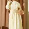 Belted Buttoned Tree Bark Dress Yellow wholesale dress view 2 - Hicabistan Turkey factory
