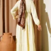 Belted Buttoned Tree Bark Dress Yellow wholesale dress view 3 - Hicabistan Turkey factory