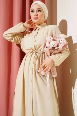 Belted Button Long Shirt Set Beige al por mayor clothing set view 2 - Hicabistan fábrica Turquía