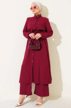 Belted Button Long Shirt Set Burgundy