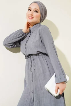 Belted Button Long Shirt Set Grey al por mayor clothing set view 2 - Hicabistan fábrica Turquía