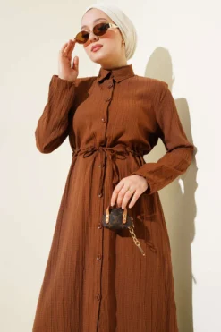Belted Button Long Shirt Set Brown al por mayor clothing set view 2 - Hicabistan fábrica Turquía