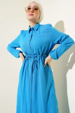Belted Button Long Shirt Set Blue al por mayor clothing set view 2 - Hicabistan fábrica Turquía