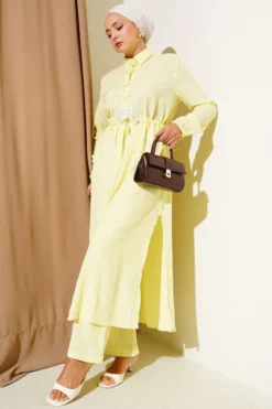 Belted Button Long Shirt Set Yellow