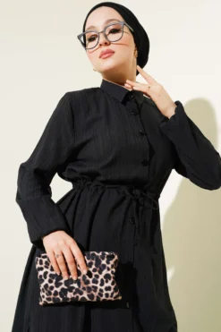 Belted Button Long Shirt Set Black al por mayor clothing set view 2 - Hicabistan fábrica Turquía