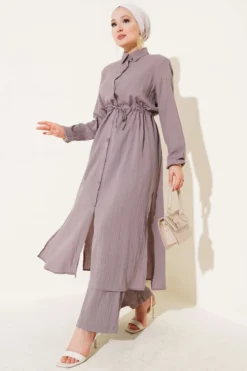 Belted Button Long Shirt Set Mink