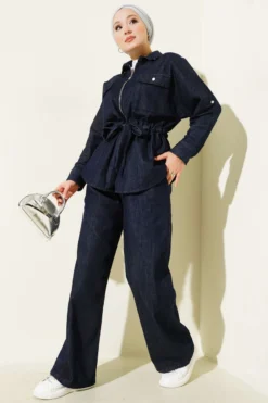 Belted Zippered Denim Two-Piece Set Navy Blue