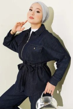 Alternative view of Belted Zippered Denim Two-Piece Set Navy Blue