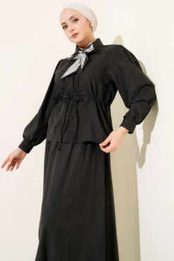 Belted Tulle Scarf Set Black al por mayor clothing set view 2 - Hicabistan fábrica Turquía