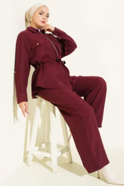 Belted Double-Pocket Two-Piece Set Burgundy