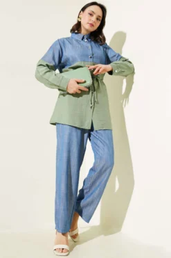 Belted Denim Trimmed Two-Piece Set en gros clothing set - Hicabistan usine Turquie