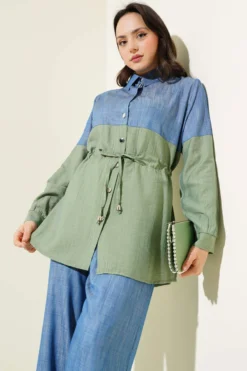 Belted Denim Trimmed Two-Piece Set en gros clothing set view 2 - Hicabistan usine Turquie