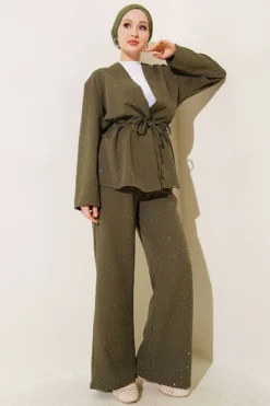 Belted Mini Stone Embellished Two-Piece Set Khaki