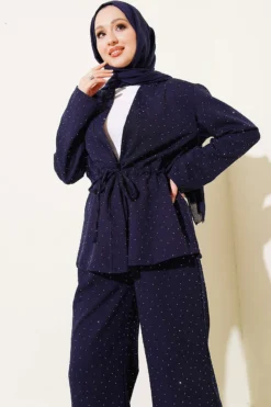 Alternative view of Belted Mini Stone Embellished Two-Piece Set Navy Blue
