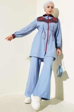 Belted Embroidered Two-Piece Set Blue
