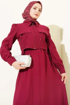 Belted Stone-Embellished Jacket Dress Set Burgundy