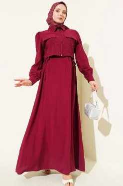 Alternative view of Belted Stone-Embellished Jacket Dress Set Burgundy