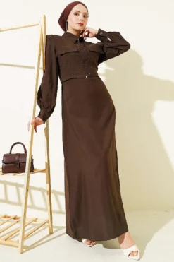 Belted Stone-Embellished Jacket Dress Set Brown