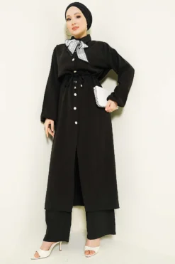 Alternative view of Belted Long Tunic Modal Two-Piece Set Black