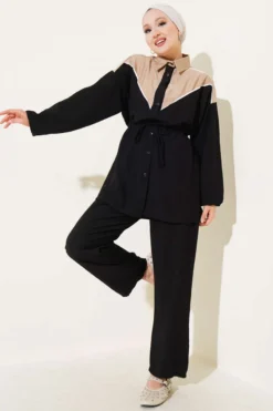 Belted V-Neck Two-Piece Set Black