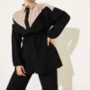 Belted V-Neck Two-Piece Set Black wholesale clothing set view 2 - Hicabistan Turkey factory