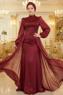 Belted Cape Evening Dress Burgundy en gros dress view 2 - Hicabistan usine Turquie