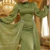 Belted Cape Evening Dress Khaki en gros dress view 2 - Hicabistan usine Turquie