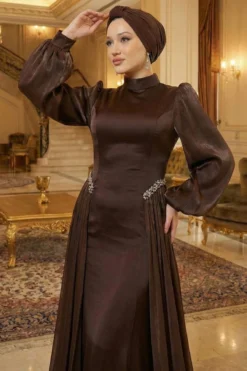 Belted Cape Evening Dress Brown en gros dress view 2 - Hicabistan usine Turquie