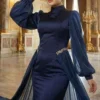 Belted Cape Evening Dress Navy Blue en gros dress view 2 - Hicabistan usine Turquie