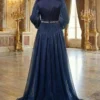 Belted Cape Evening Dress Navy Blue en gros dress view 3 - Hicabistan usine Turquie