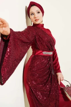 Belted Sequin Detail Evening Dress Burgundy al por mayor dress - Hicabistan fábrica Turquía