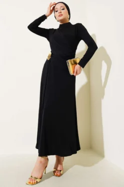 Belt Buckle Detail Evening Dress Black groothandel dress - Hicabistan Turkije fabriek