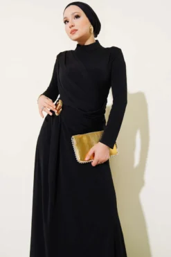 Belt Buckle Detail Evening Dress Black groothandel dress view 2 - Hicabistan Turkije fabriek