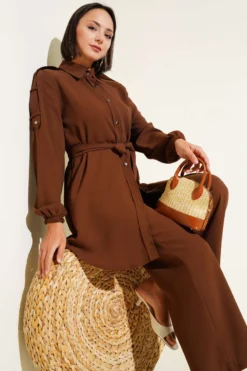Belted Shoulder Buttoned Two-Piece Set Brown wholesale clothing set view 2 - Hicabistan Turkey factory