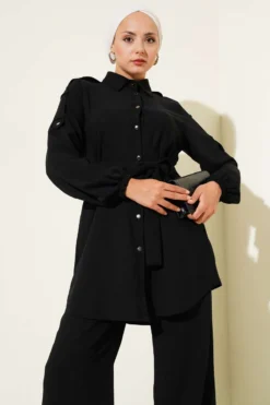 Belted Shoulder Buttoned Two-Piece Set Black wholesale clothing set view 2 - Hicabistan Turkey factory