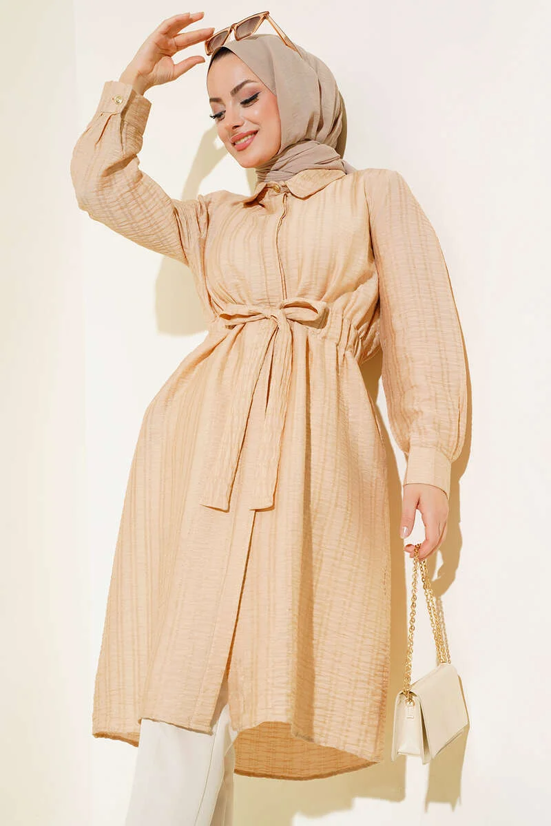 Belted Tunnel Tie Long Tunic Beige
