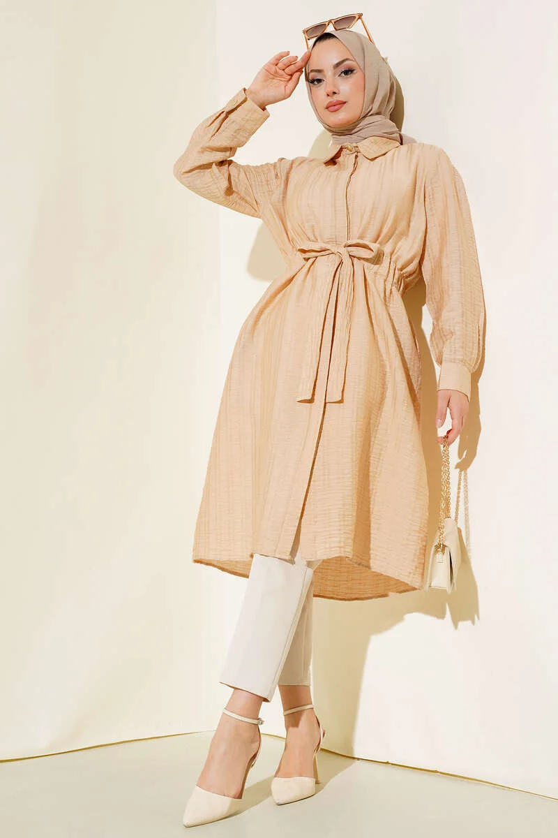 Belted Tunnel Tie Long Tunic Beige - Imagen 2