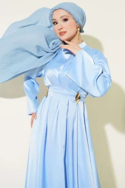 Belted Accessory Evening Dress Blue groothandel dress view 2 - Hicabistan Turkije fabriek